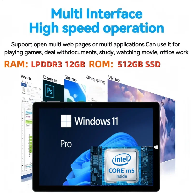 LPDDR3 12GB RAM 512GB SSD ROM 10.5 INCH Windows 11 Pro Tablet 64Bits Intel Core m5 CPU 1920*1280IPS Dual Cameras 2 x USB-A 3.0