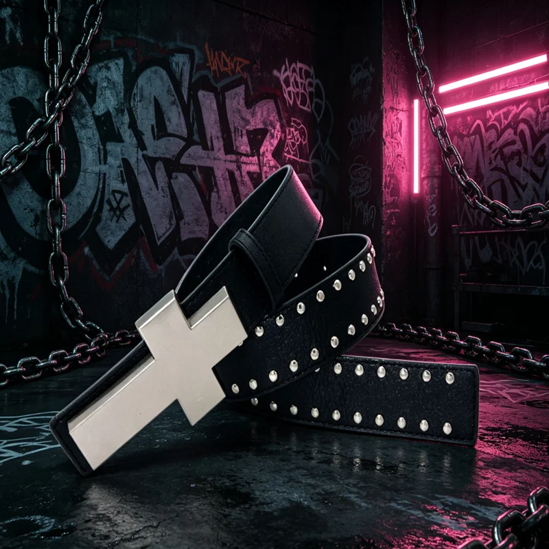 

Пояс Y2K в готическом стиле с заклепками и крестами для мужчин и женщин, уличный пояс в стиле хип-хоп для джинсов