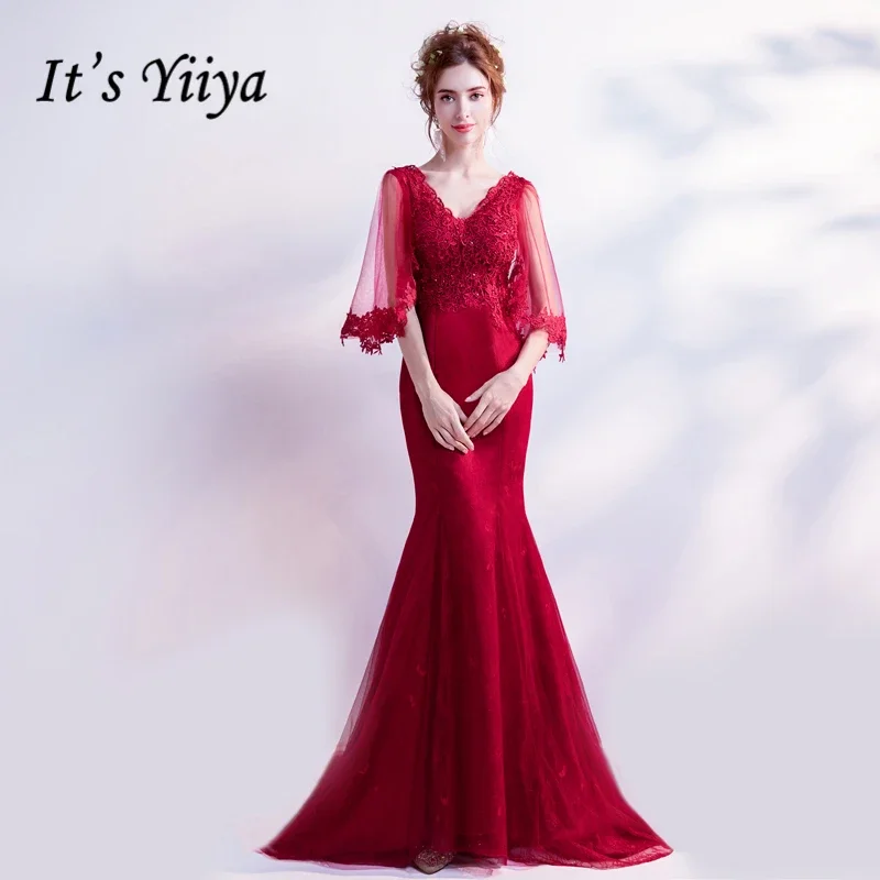 

It's Yiiya Customized Evening Dress Wine Red V-Neck Appliques Mermaid Floor Length Plus size Woman Party Formal Gown LX295