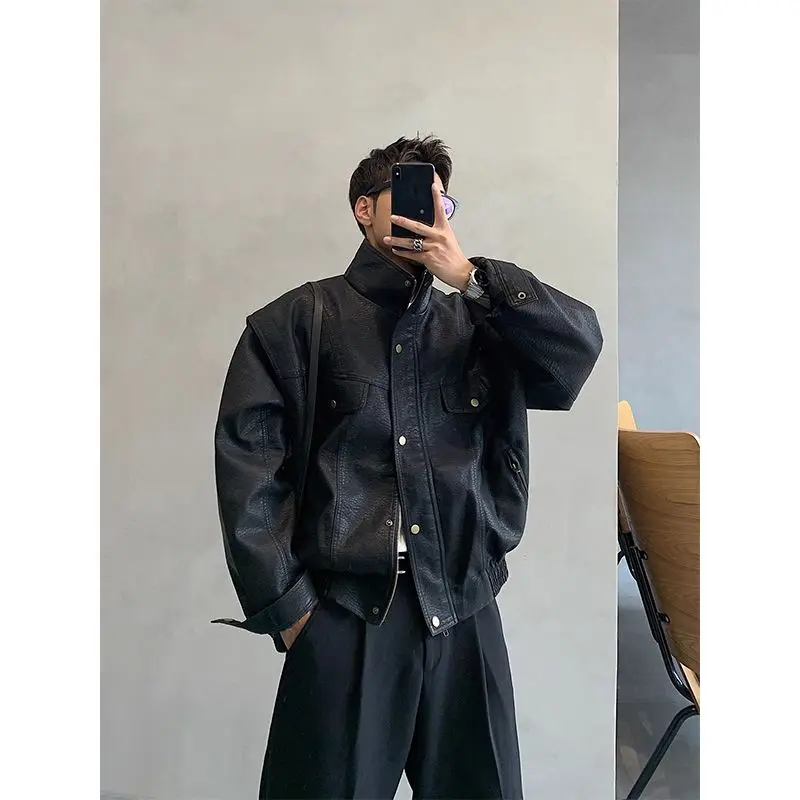 

Spring Autumn New Loose Fit Stand Collar Motorcycle Sle Lychee Pattern Men's PU Leather Jaet Trendy Casual Outerwear