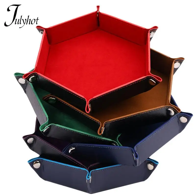 Foldable Dice Tray Box PU Leather Folding Hexagon Key Storage Coin Square Tray Dice Game for RPG/DnD Table Board Games