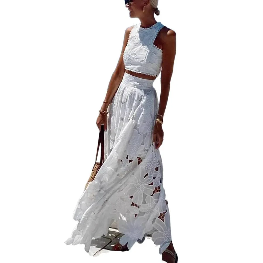 Women's White Floral Lace Embroidery 2 Piece Set Sleeveless Crop Top High Waist Long Skirt Beach Wedding Vacation Summer Outfit image 3