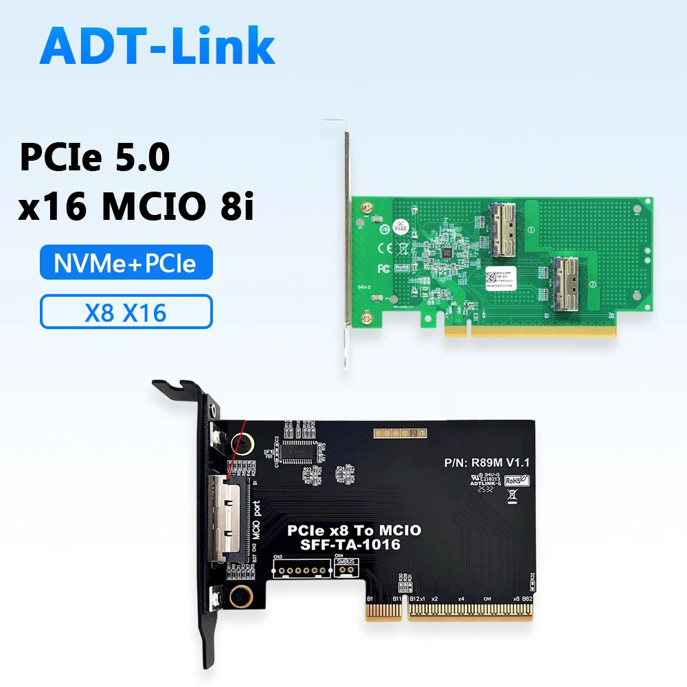 

PCIe 5.0 Adapter Riser Card Base X16 MCIO 8x 8i Female NVMe + PCIe 5 Dual-port External Graphics Card Adapter Split Card 2u