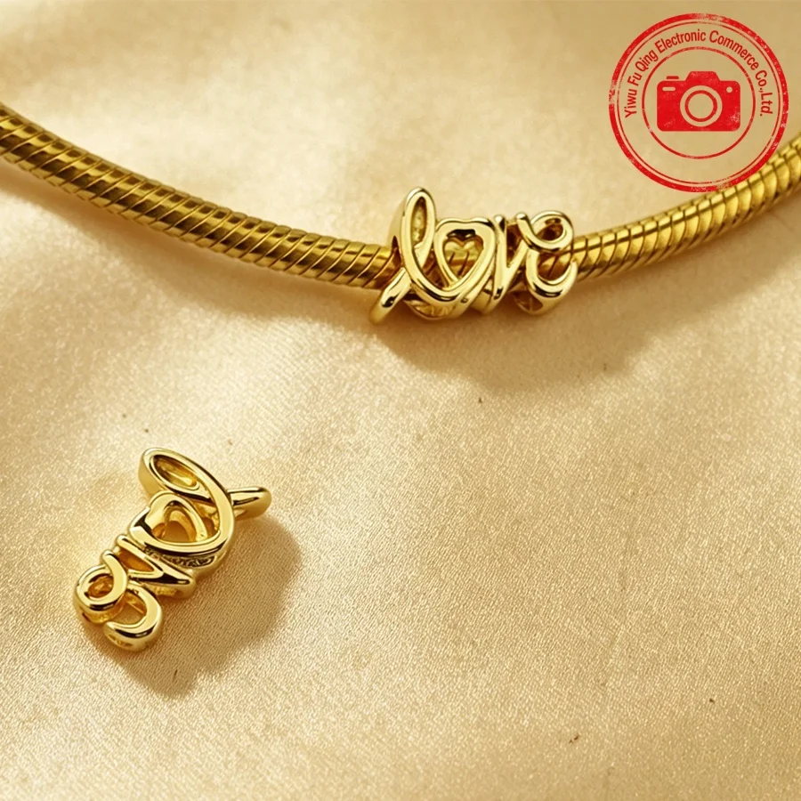Bestseller Goldene Anhänger DIY Schmuckgeschenke Handgeschriebener Liebesbrief mit Amorherz Rosa Runde Clip-Perlen Passend für Original-Armbänder