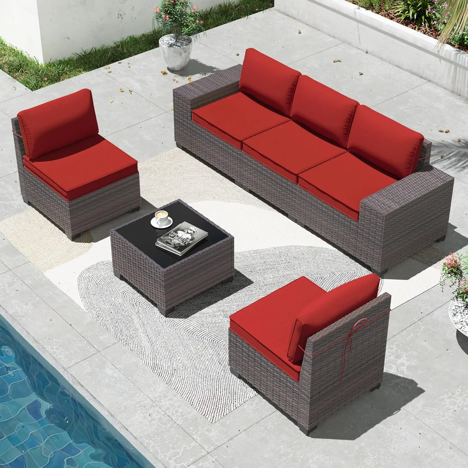 

6 Piece PE Rattan Patio Sectional Sofa Set With Glass Table & Washable Cushions For Garden Poolside,Red,Customized