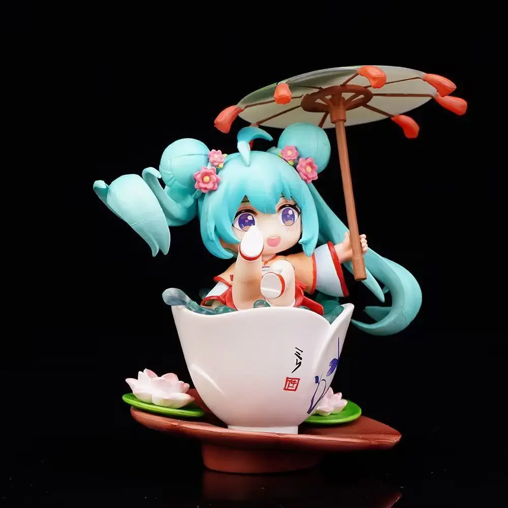 12CM Anime Hatsune Miku  Playing in Lotus Pond Q Version Cute Model Tea Cup Dressing Model Toy Gift Collection Action Figure