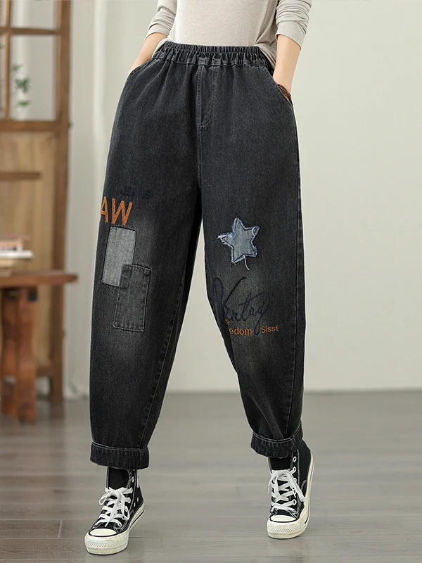 Casual impresso fce forrado jeans feminino artístico solto ajuste cintura alta thi denim inverno faion harajuku pai sle bla