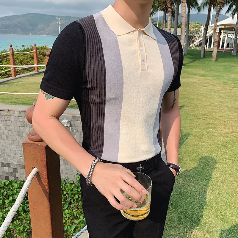 

Classic Fashion Summer Style Men's Casual Short-sleeved Knitted POLO Shirt Light Ripe Wind Gradient Color England Slim Lapel Top