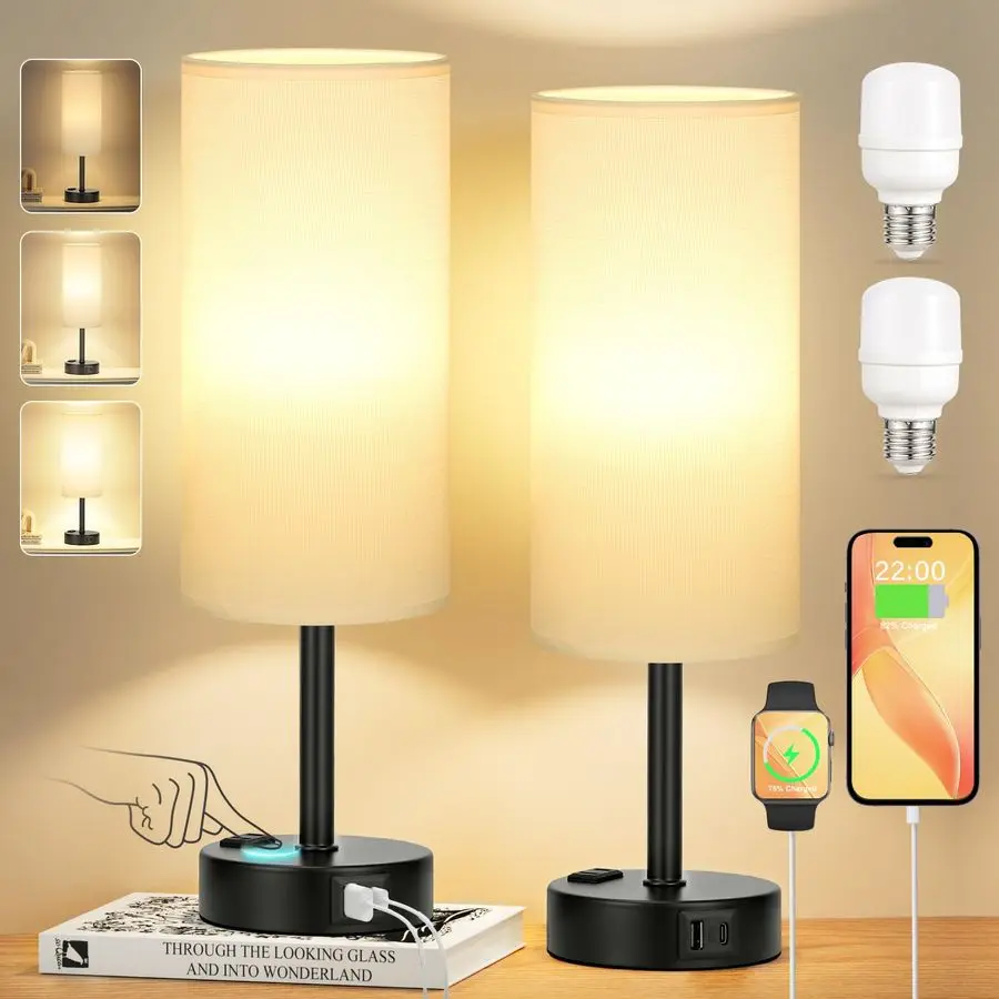 

Bedroom Lamps Set of 23 Way Dimmable Touch Table Lamps with USB C and A Ports, Bedside Lamps for Nightstand with AC Outlet, Smal