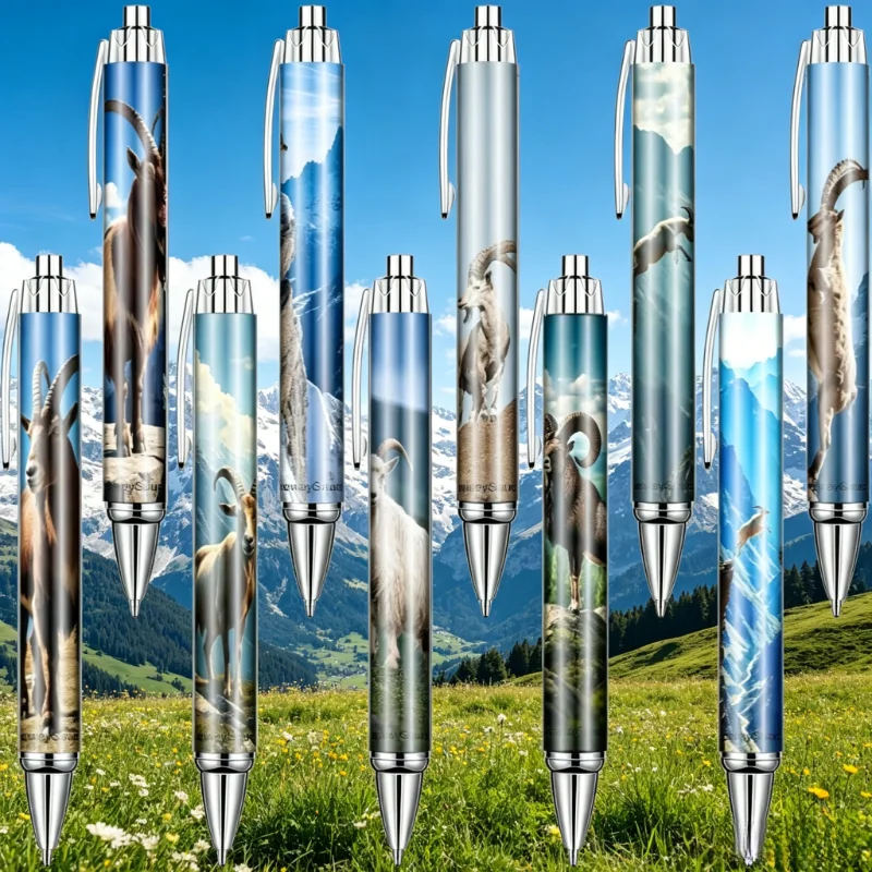

10Pcs Retractable Signature Pens with Alpine Ibex Climbing Design, Wild Nature Style, Black Ink, Random Styles