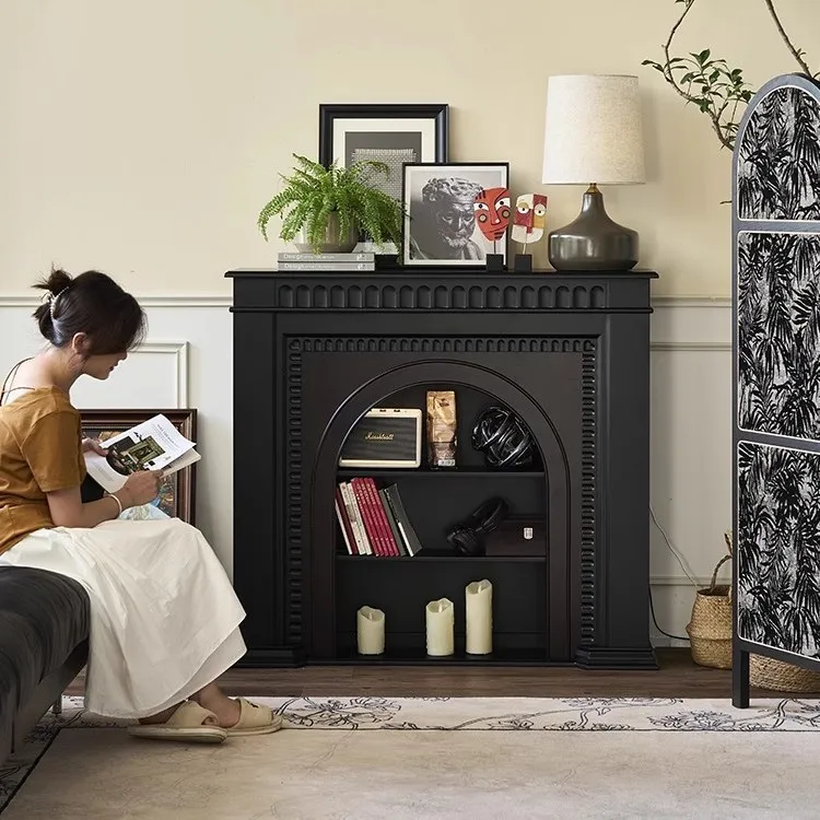

French solid wood retro wall cabinet household small apartment against the wall black porch cabinet living room American display
