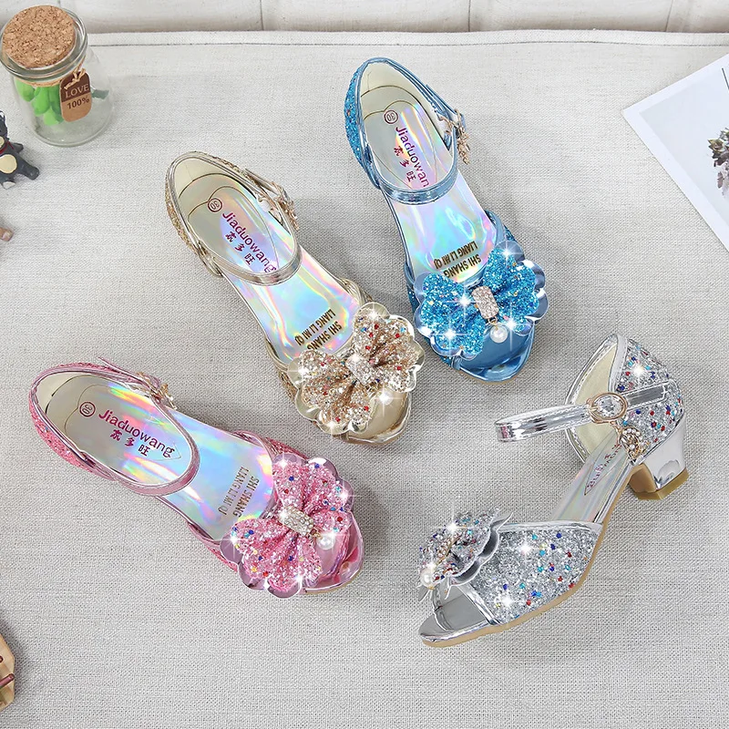 Sandalias con lazo de diamantes de imitación para niñas, zapatos de baile latino de 5 a 13 años, Princesa de zapatos de tacón alto de verano, zapatos de tiburón para niños