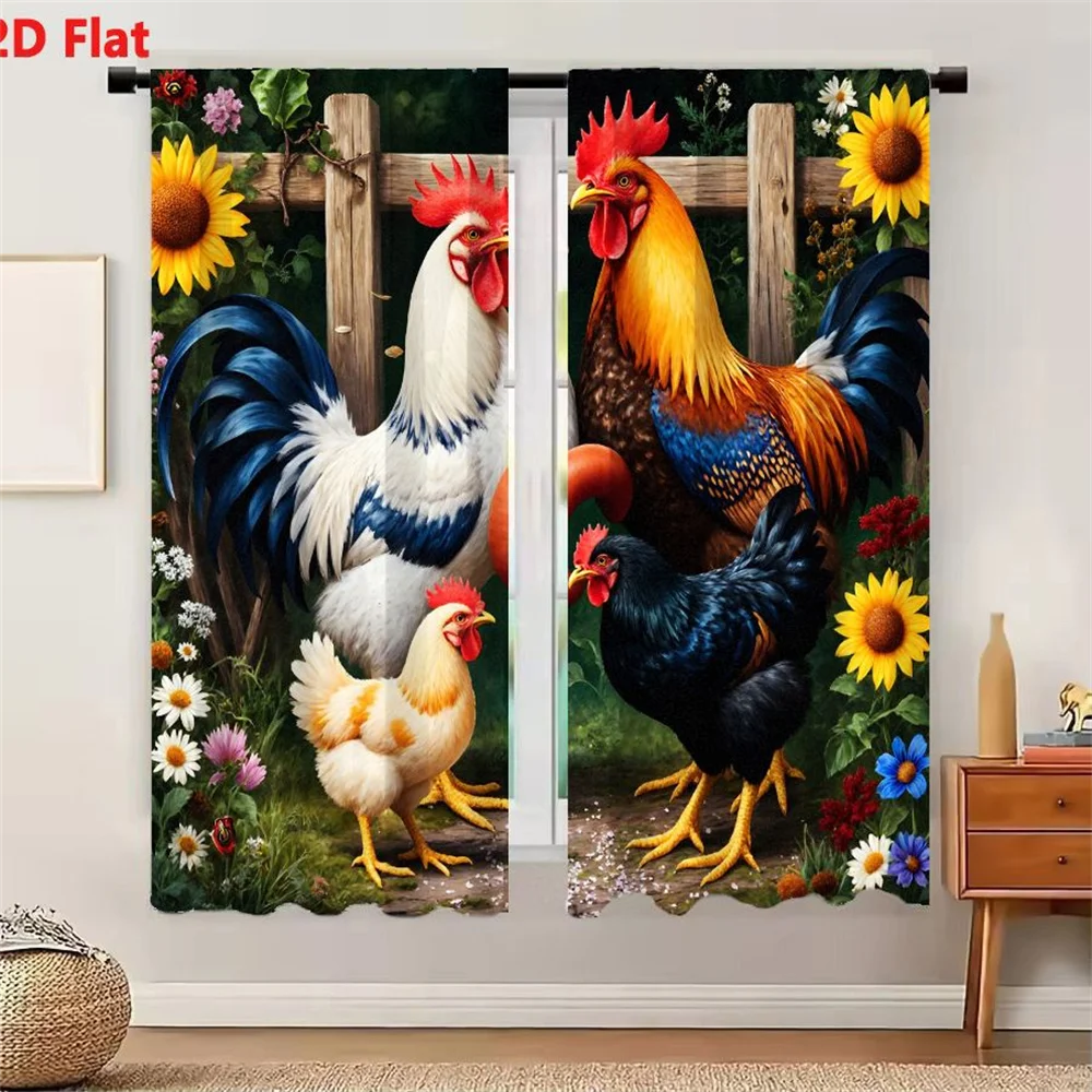2Pcs Curtains Four Colorful Chickens In Lush Garden With Sunflowers And Wooden Fence Window Drapes for Bedroom Room Decor Decora