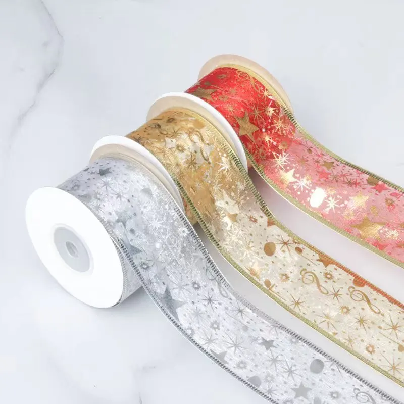 金と銀の二重層ガーゼリボン,花のギフト包装,クリスマスツリー,結婚披露宴の装飾,10ヤード,5cm,6cm