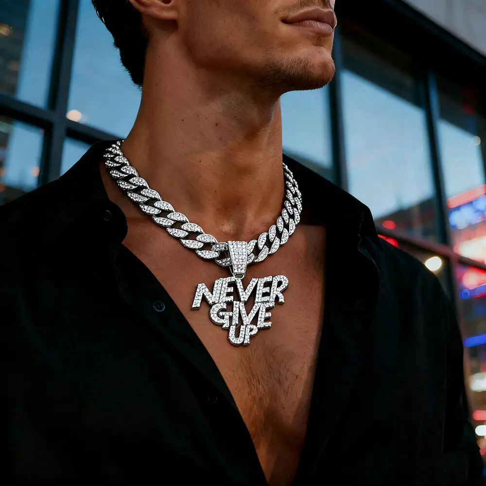 European And American Style NEVER GIVE UP Letter Pendant Niche Design Cuban Chain Alloy Full Diamond Hip Hop Necklace