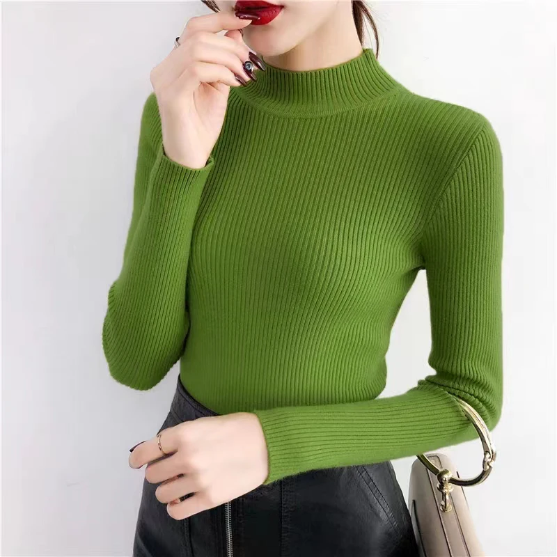 Autumn High Collar Long Sleeve Skinny Elastic Casual Tops Bottoming Sweater Women Basics Knitted Shirts Warm Knitwear Pullovers