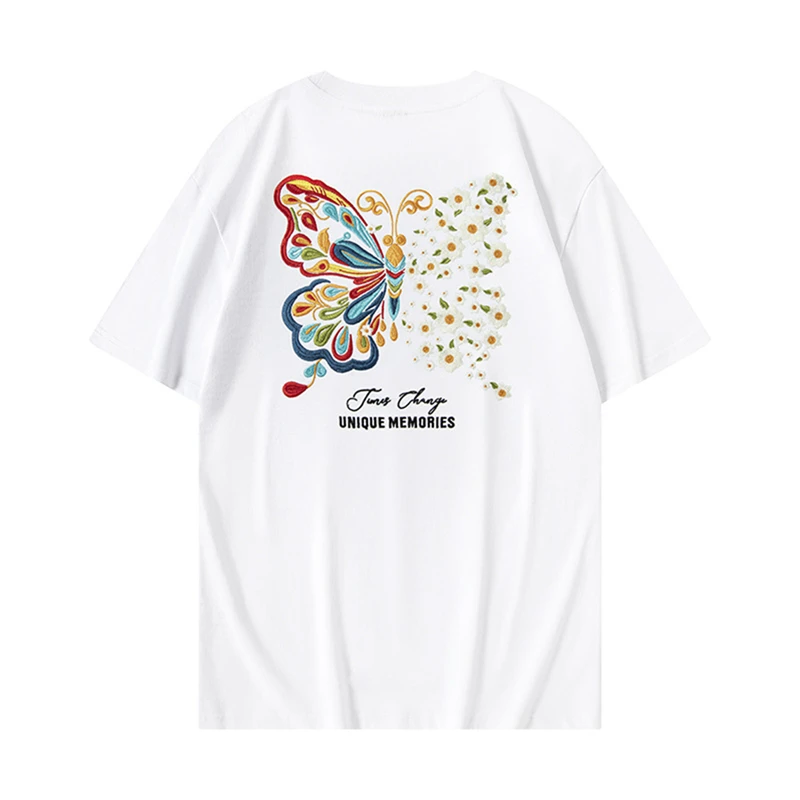 Lyprerazy National Tide Butterfly Embroidered Short-sleeved T-shirt Summer Chinese Style Cotton Loose Tops Tees