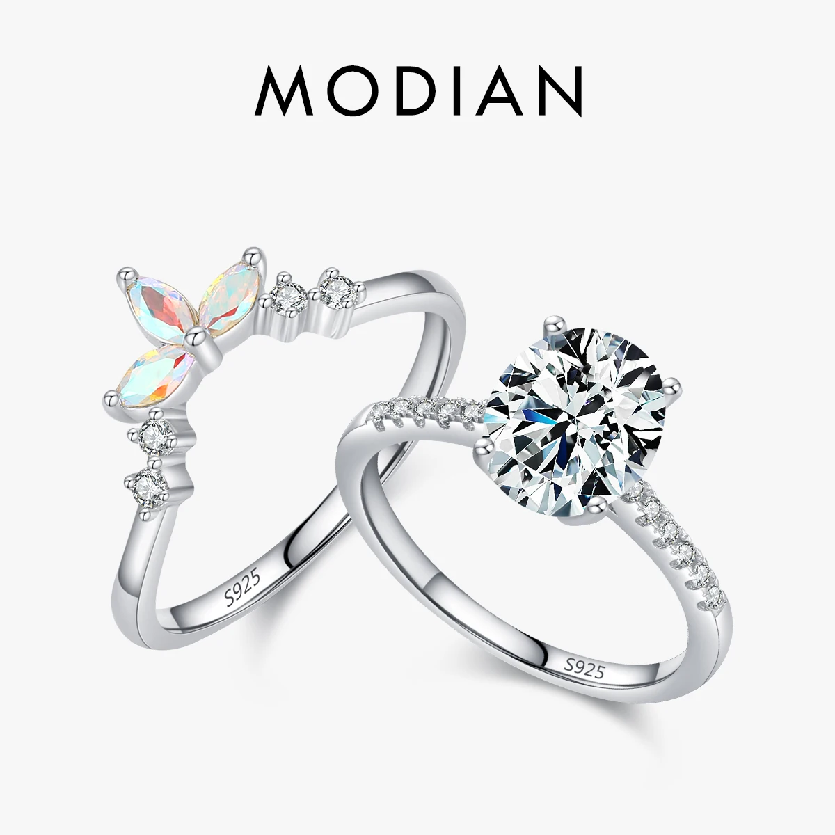 

MODIAN 925 Sterling Silver Luxury Sparkling Clear Rainbow Color CZ Rings Set For Women High-Class Wedding Engagement Jewelry