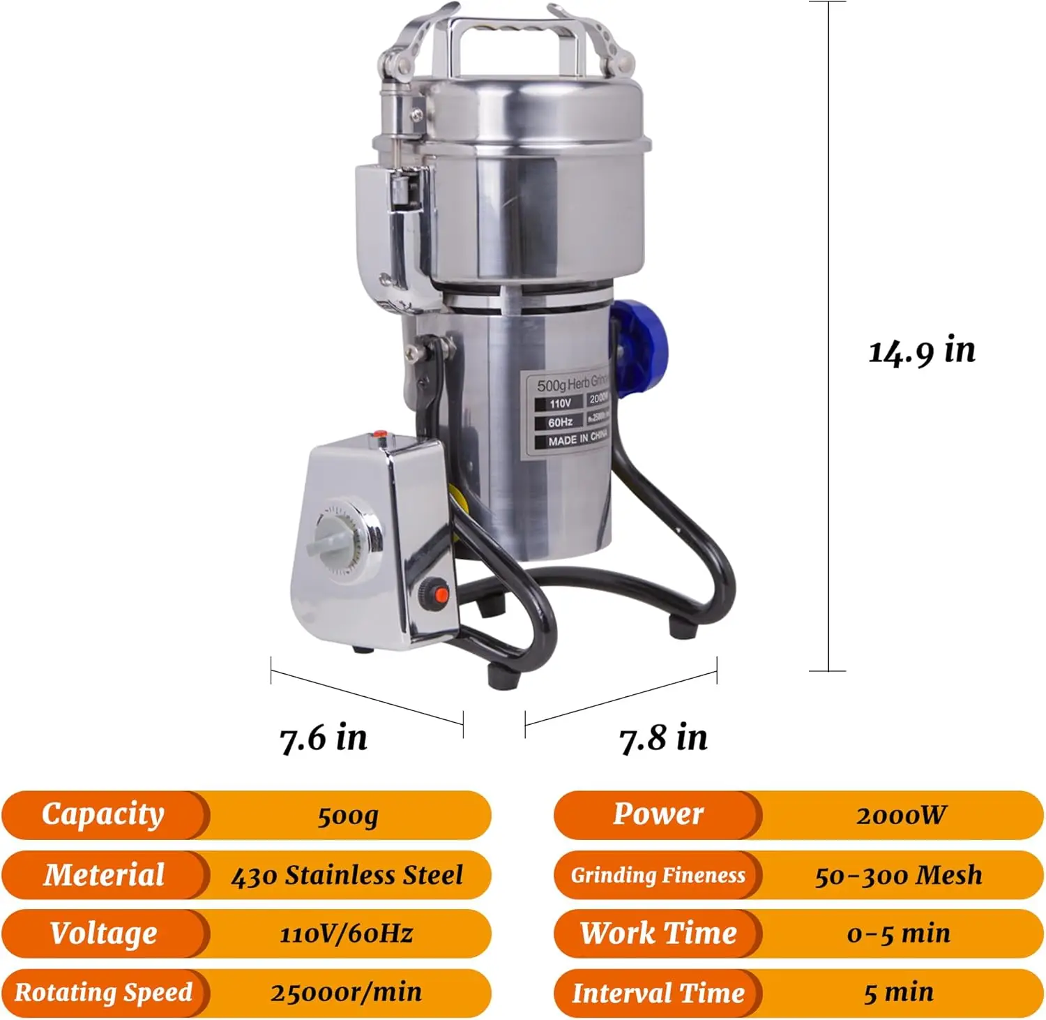 Hakka Grain Mills Grinder, 500G Electric Powder Mill Grinder 2000W High Speed Stainless Steel Pulverizer Machine Commercial