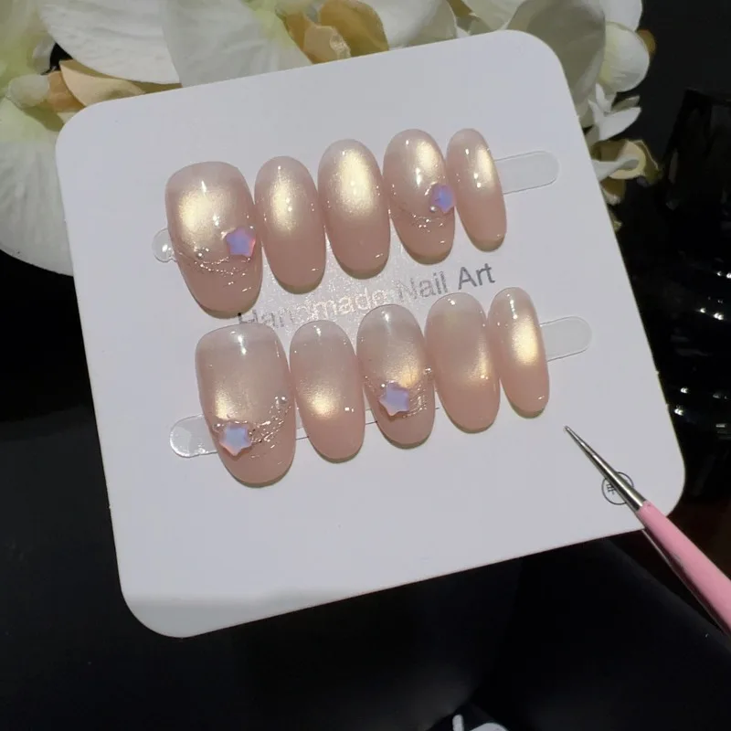 10 stuks handgemaakte pers op nagels met bedels roze parel glitter realistische nepnagels voor meisjes kunstmatige kunstnagels met lijm