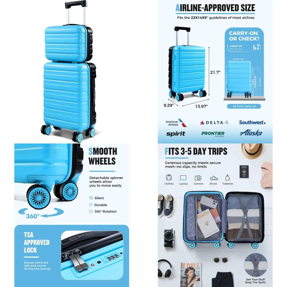 

20-дюймовый чемодан для ручной клади в твердом корпусе, одобренный авиакомпанией, набор для багажа 22x14x9 и косметичка