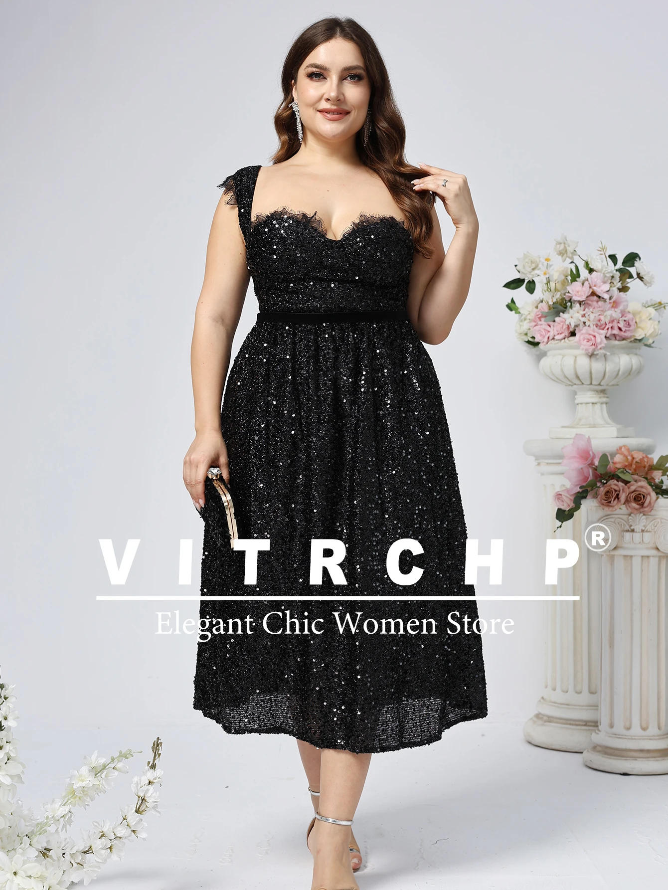 Sexy V-neck Formal Party Prom Dress Open Back Sequins Wedding Party Dress Lace Bridesmaid Dress Black Graduation Dress