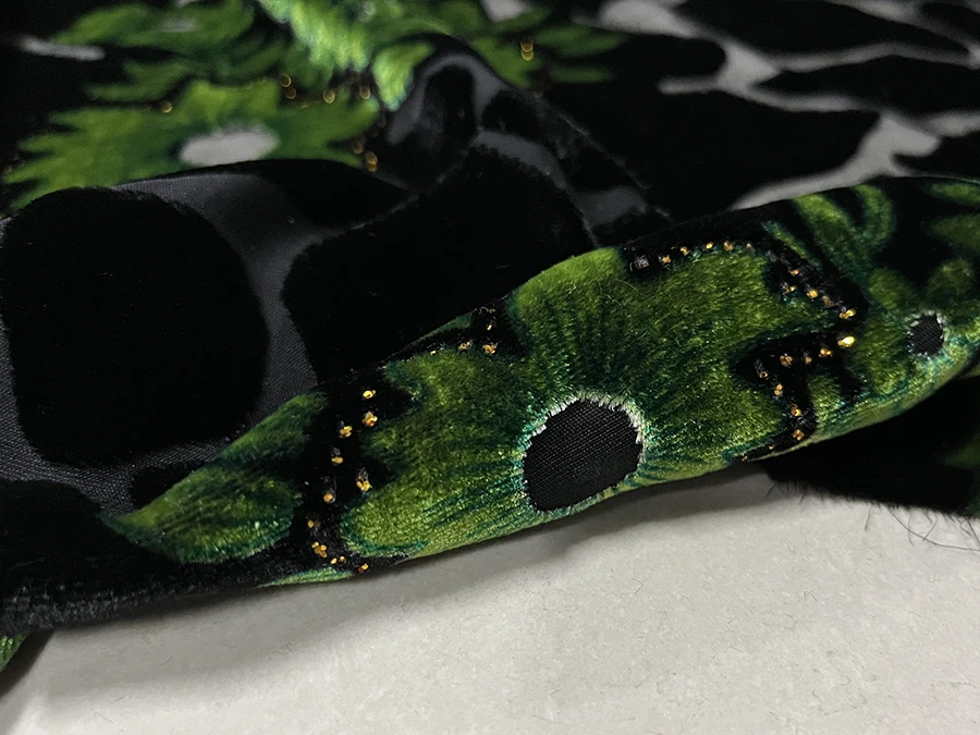 Real Silk Velvet Clothing Fabric Black Geometric Yellow Green Flower Gilding Hollow Cheongsam