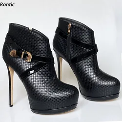 Rontic High Level Women Winter Platform Ankle Boots Unisex Stiletto Heels Round Toe Elegant Black Night Club Shoes US Size 5-20