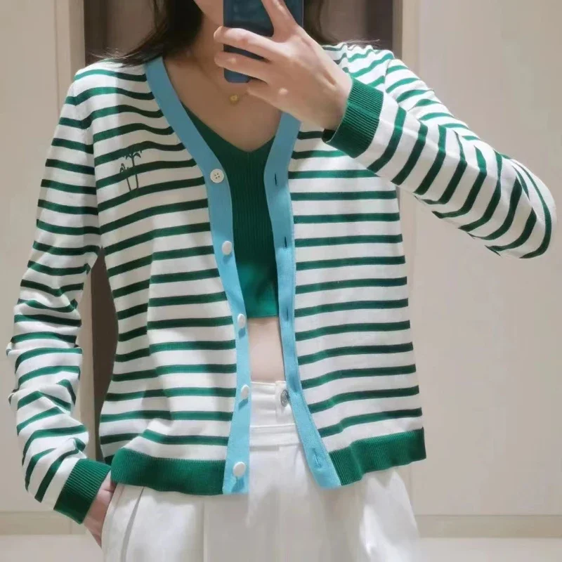 Women Green Stripe V Neck Knit Cardigan Long Sleeve Autumn Warm Clothes Office Ladies Comfortable Embroidery Sweater