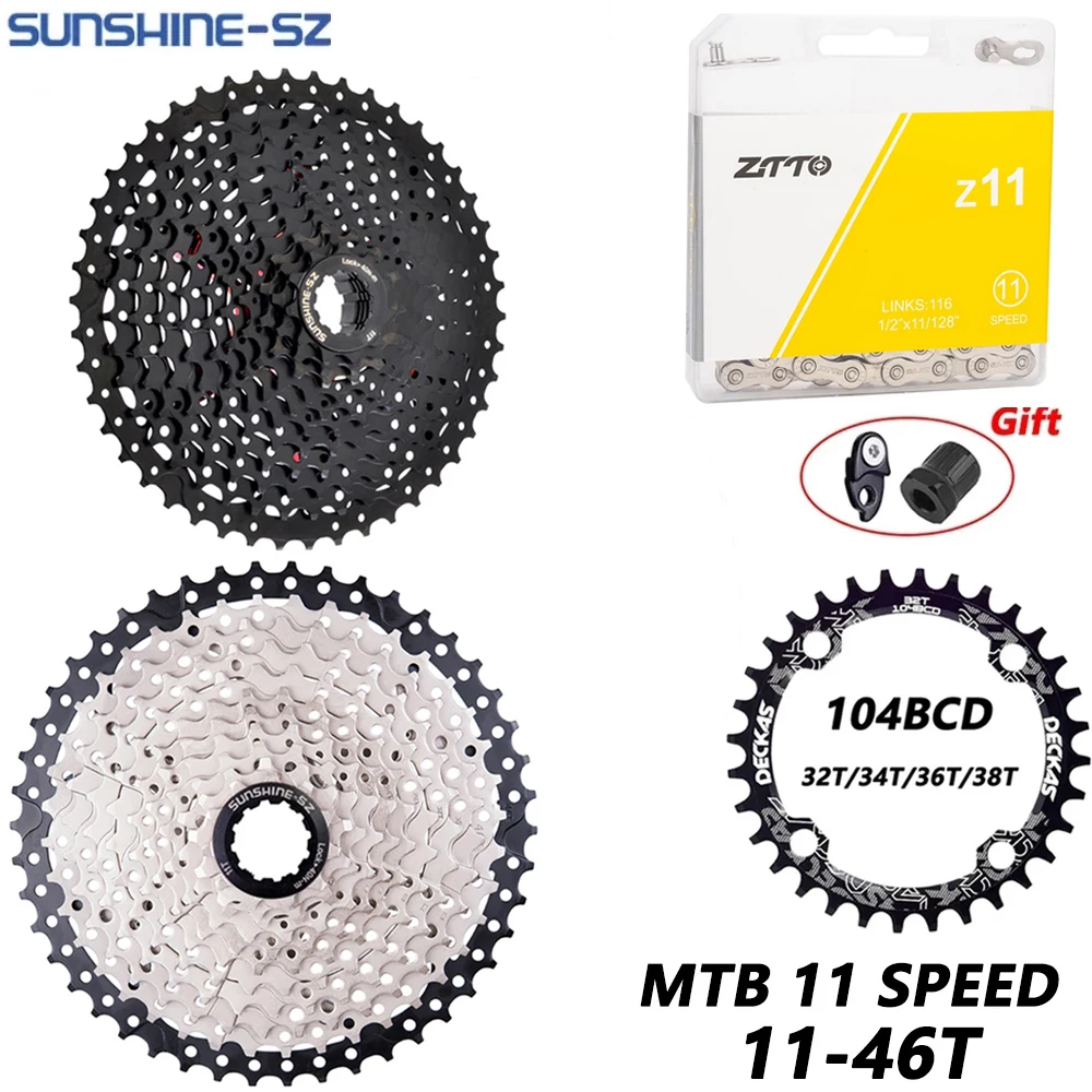 SUNSHINE MTB Bicycle 11 Speed 11-46T Cassette 11S 11-46T Silver Red /Black Steel Freewheel K7 Sprocket 11v Chain MTB Bike Parts