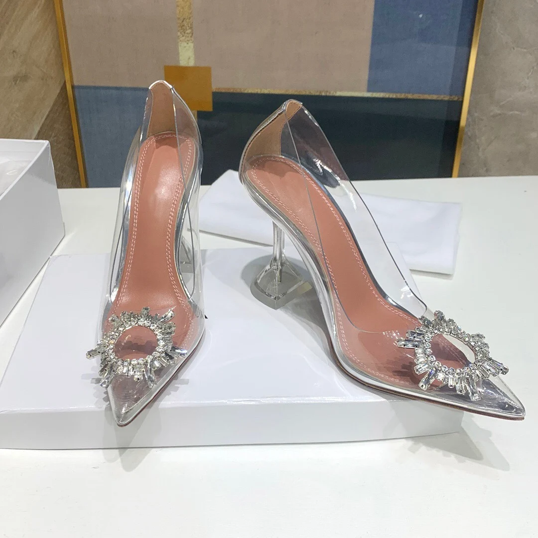 Scarpe da donna in PVC trasparente con girasole in cristallo stile stella décolleté con strass di lusso tacchi alti da sposa scarpe da donna estive