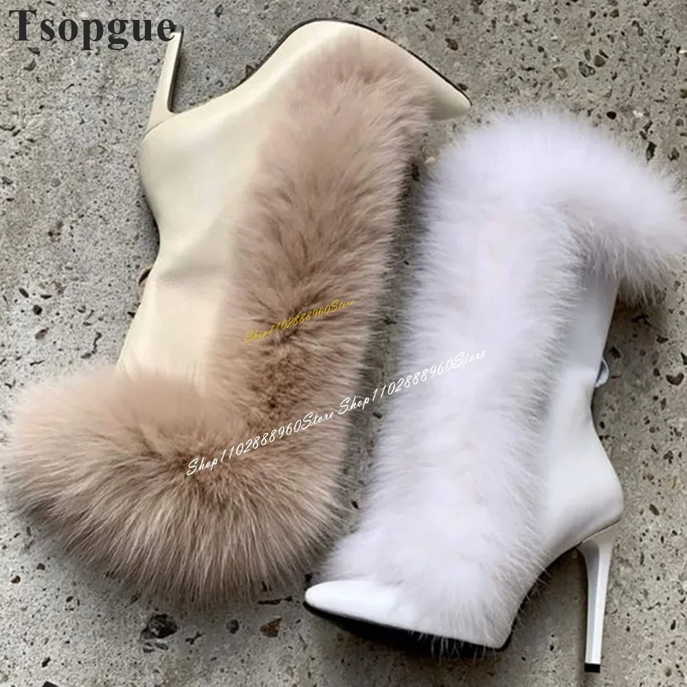 

Mid Calf Solid Rabbit Fur Leather Ankle Boots Stilettos High Heel Women Shoes Lace Up Pointed Toe Casual Trending Women Boots