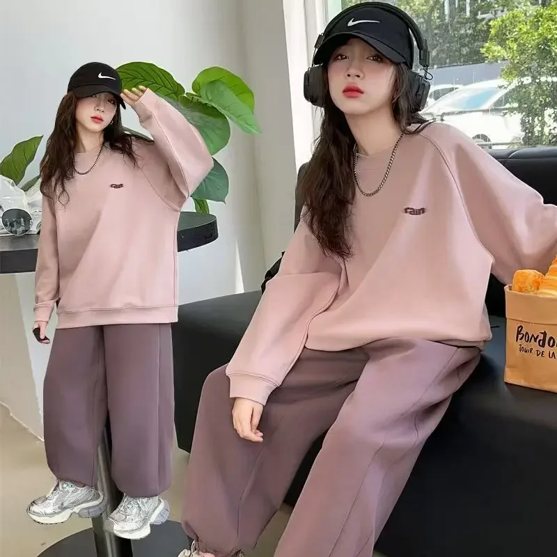 2026 new autumn winter girl cloth pink sweatshirt loose + Ankle-tied pant teenagers child set 4 5 7 8 9 10 11 12 14 15 year