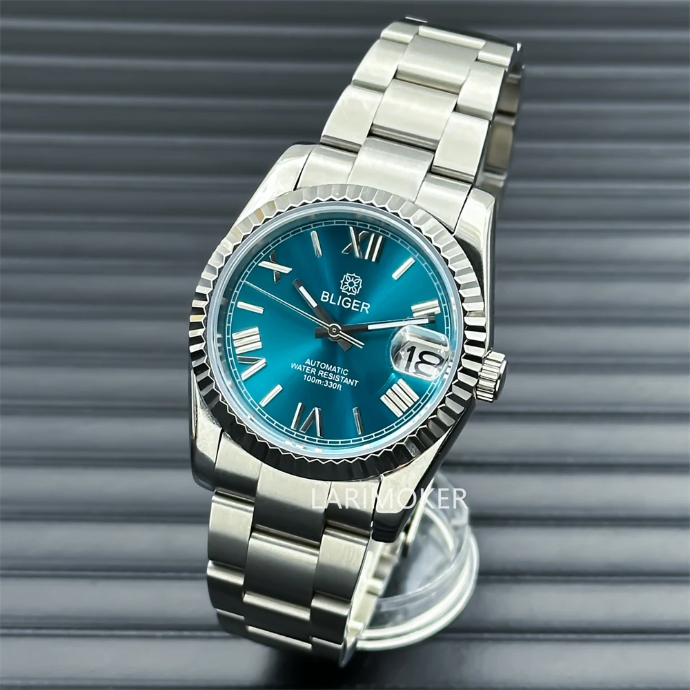 Bliger-Men's Sapphire Glass Bracelet, recesso bisel, Roman Index, Sun Dial, Jubileu de Prata, NH35A, 36mm, 39mm