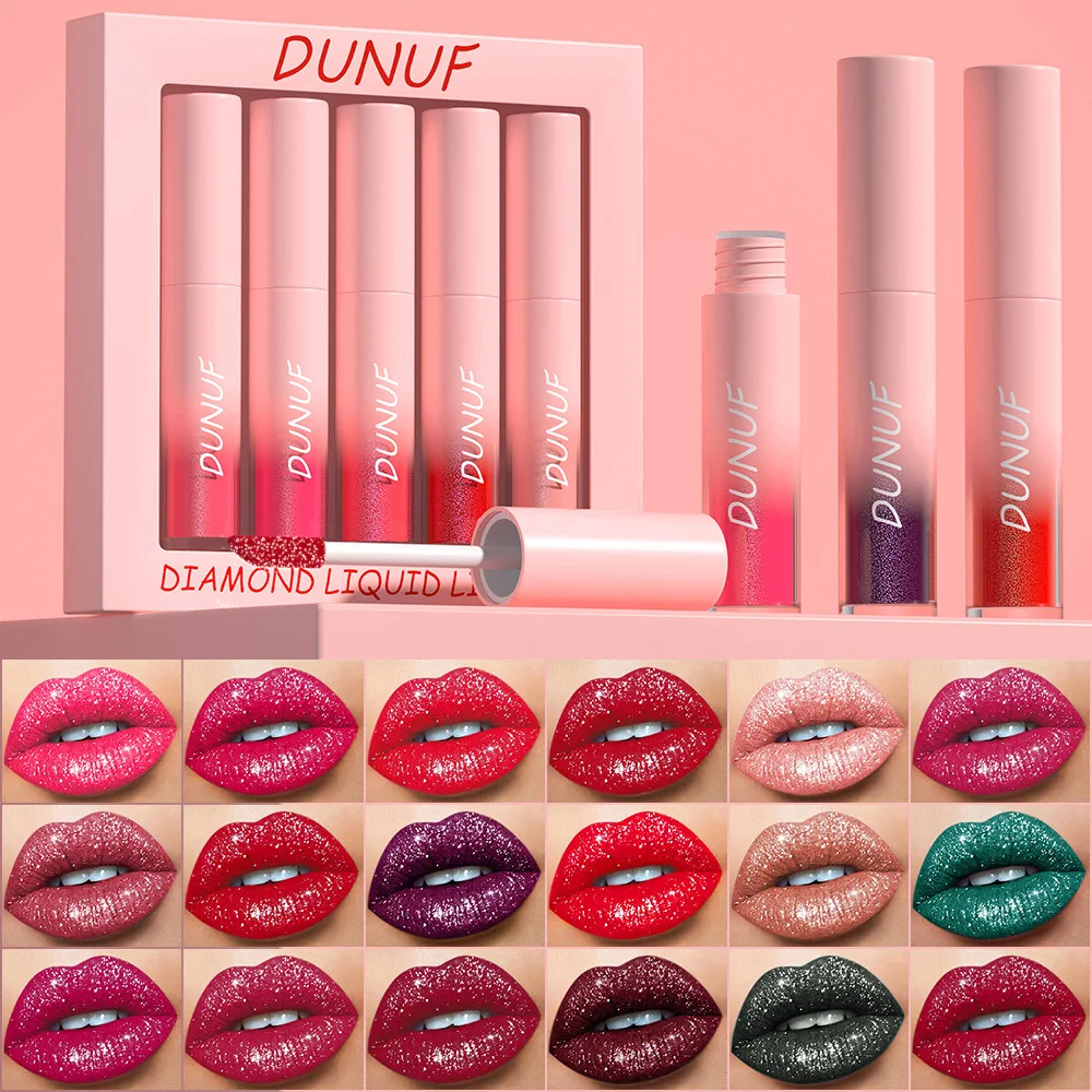 

DUNUF 5 Pcs/Set Diamond Luxury Velvet Lipstick Lip Gloss Makeup Moisturizing Nourishing Non-stick Cup Glitter Lip stick Lipgloss