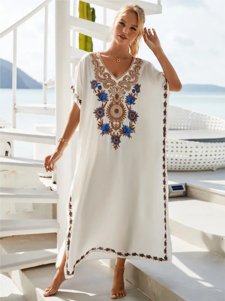 Fashion Embroidered Cover-up Dress V-neck Raglan Sleeves Beach Vacation Long Dresses For Women Swimsuit Sun Protection Clothing