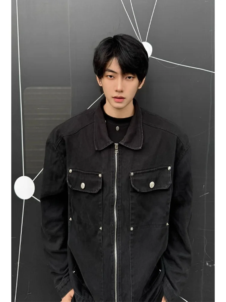 

Cleanfit Bla Denim Jaet Men's Vintage Rivet Design Casual Flight Top Couple's Outerwear Loose Fit Long Sve Zipper