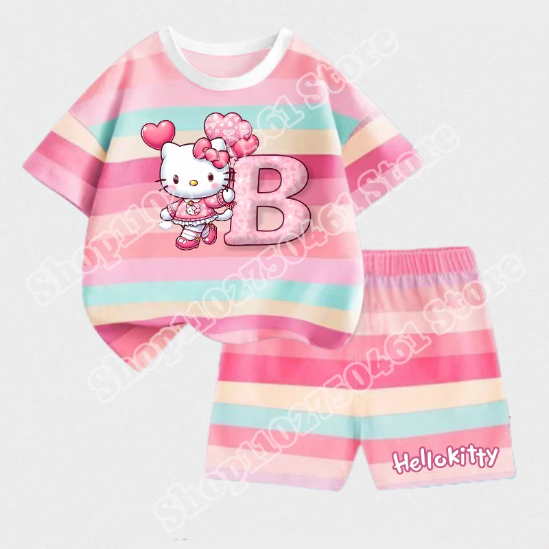 سانريو مرحبا كيتي الطفل قصيرة مخطط مجموعة الفتيات الكرتون رسالة A-Z قطعتين دعوى Kawaii ملابس الاطفال عادية ملابس الصيف