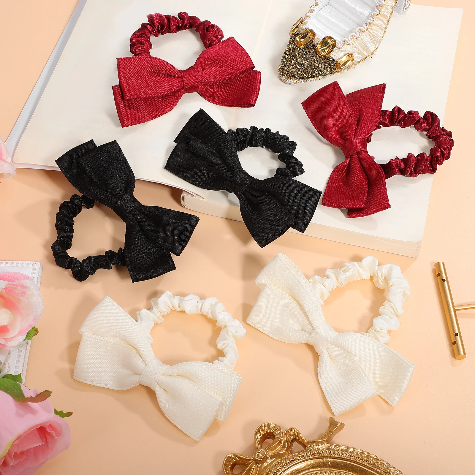 

6 Pcs Hair Elastic Scrunchies Stylish Bows Women Hair Ties Ponytail Holders Satin Bracelet Ropes Accessories