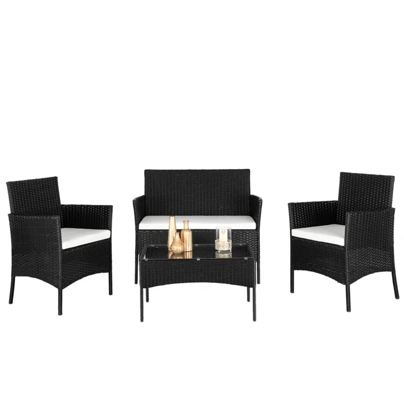 4PCS Rattan Patio Furniture Set Cushioned Sofa Chair Coffee TableTurquoise Loveseat Arm Chairs Tempered Glass Coffee Table Black