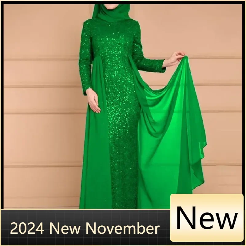 

Muslim Dubai Abayas Sequin Gown For Women 2025 Ramadan Turkey Middle East Femme Robe Loose African Long Dress Turban Attached