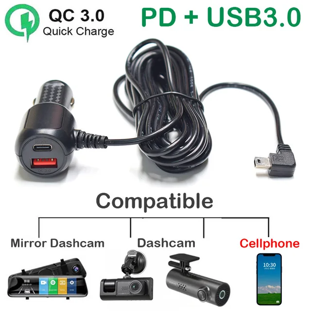 Szybka ładowarka samochodowa 5V 3A Type-C USB QC3.0 z portem Micro / Mini / Type-C do kamery samochodowej, telefonu komórkowego, kamery DVR