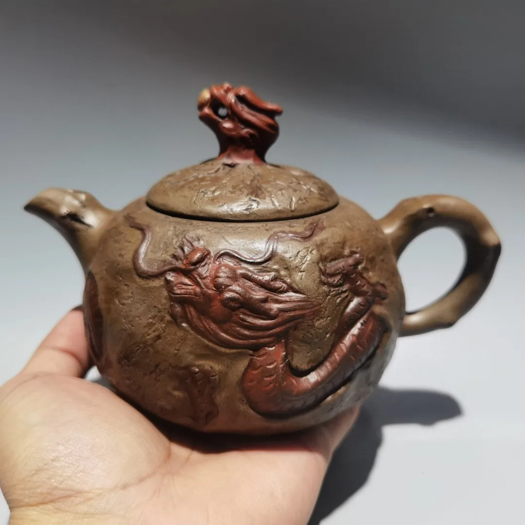 Old Chinese Handicraft Enameled YiXing Zisha (red stoneware) Teapot,Dragon Playing with a Pearl,with mark, Free shipping