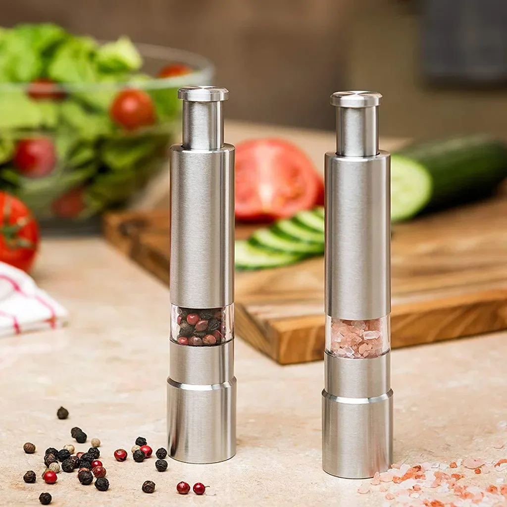 Manual Salt and Pepper Grinder Set Stainless Steel Thumb Push Pepper Mill Spice Sauce Grinders With Metal Holder Kitchen Tool