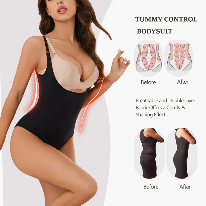 Tummy Control Bodysuit Women Shapewear Underbust Breast Push Up Body Shaper Butt Lifter Seamless Underwear Slimming Waist Black