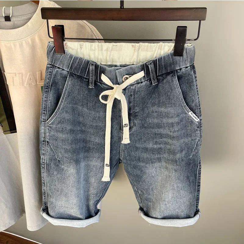 Zachte Effen Kleur Koreaans Maken Oude Zomer Mannen Nieuwe Elastische Taille Trekkoord Cowboy Nieuwe Elastische Kracht Casual Comfortabele Korte Broek