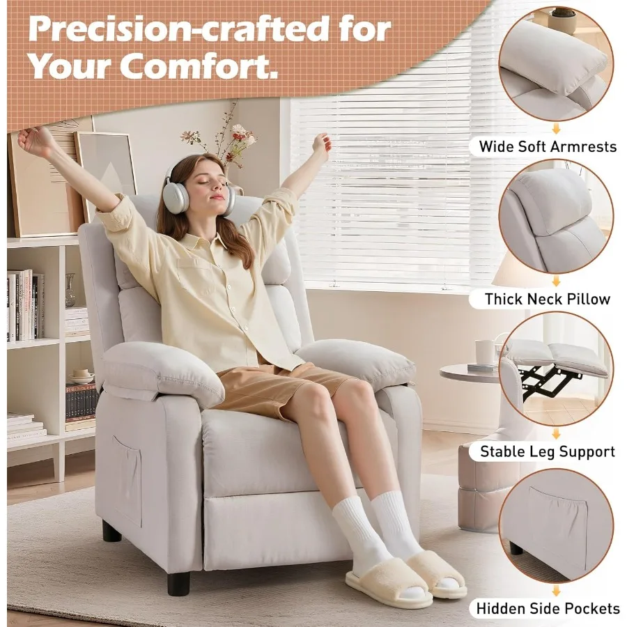 Sedia reclinabile per adulti Sedia da lettura imbottita con sedile profondo con tasche laterali Piccole poltrone reclinabili per piccoli spazi Sedia regolabile per
