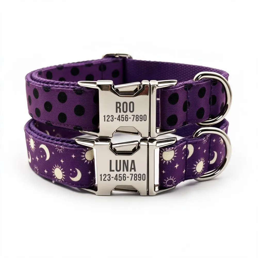 Custom Personalized Purple Pet Dog Collar with Engraved ID Nameplate Adjustable Nylon Puppy Collar for Small Medium Large Dogs