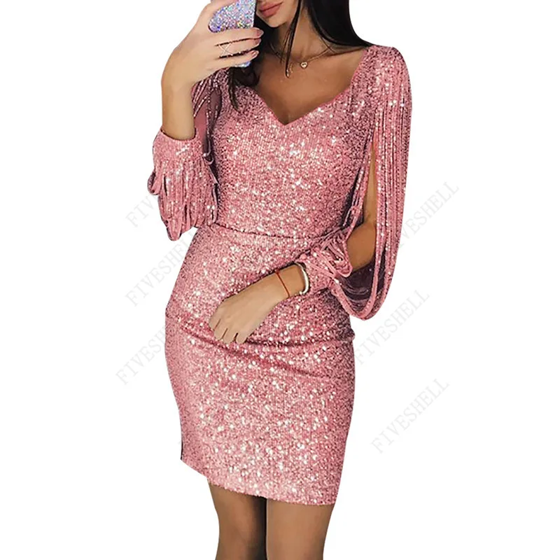 Spring Plus Size Dresses for Women Y2K  V-neck Tassel Bag Hip Vestidos Sequins Flapper Design Fashion Party Costumes