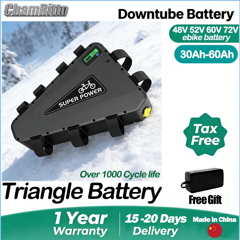 

Электрический велосипед 72В с треугольной батареей 48В 45Ач, элементы 52В 21700, Cham-Ride 30Ач, BMS 80А, сверхмощная батарея 60В 3000Вт